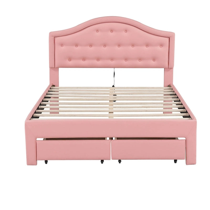 Lit plateforme en PU blanc/rose avec tête de lit coquillage, LED et tiroirs – Queen/Full