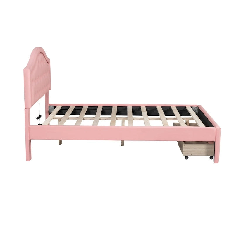 Lit plateforme en PU blanc/rose avec tête de lit coquillage, LED et tiroirs – Queen/Full