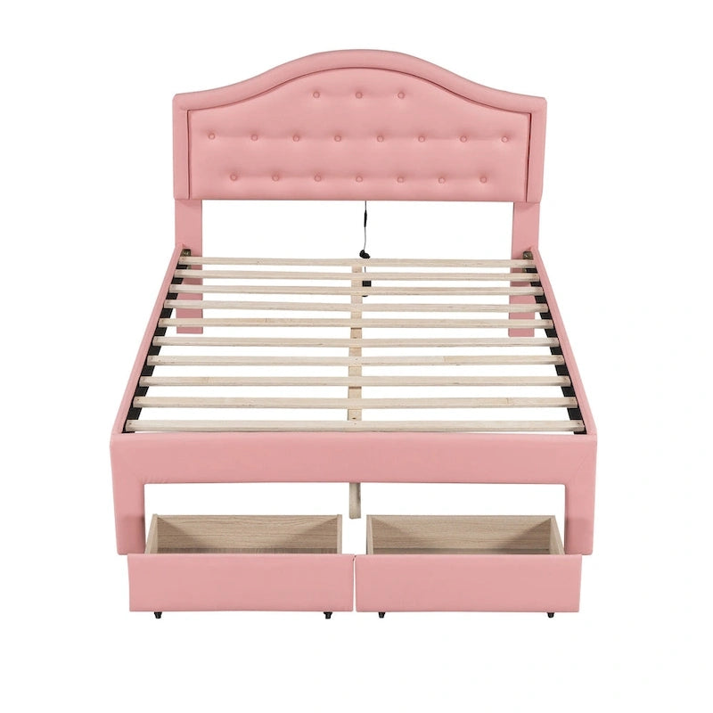Lit plateforme en PU blanc/rose avec tête de lit coquillage, LED et tiroirs – Queen/Full
