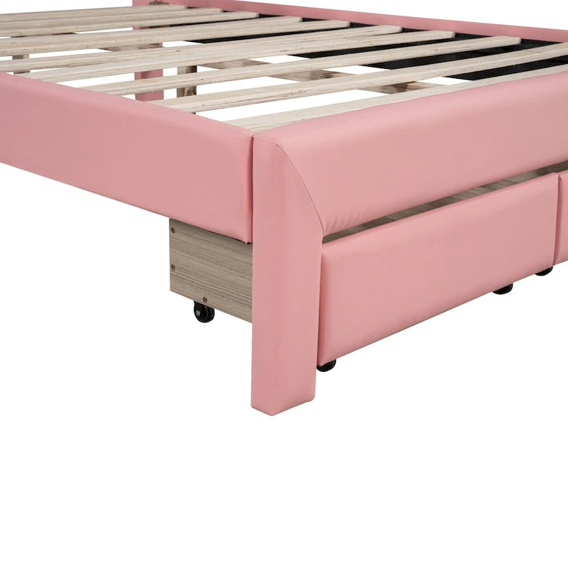 Lit plateforme en PU blanc/rose avec tête de lit coquillage, LED et tiroirs – Queen/Full