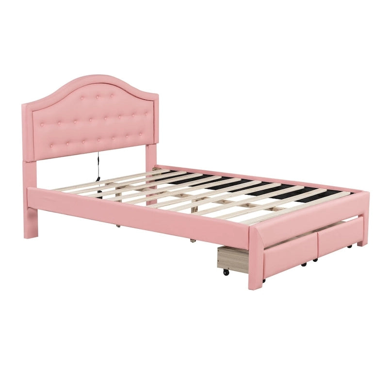 Lit plateforme en PU blanc/rose avec tête de lit coquillage, LED et tiroirs – Queen/Full