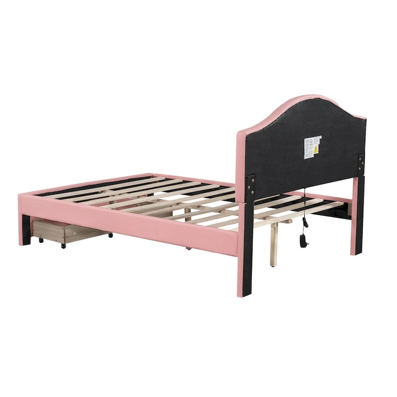 Lit plateforme en PU blanc/rose avec tête de lit coquillage, LED et tiroirs – Queen/Full