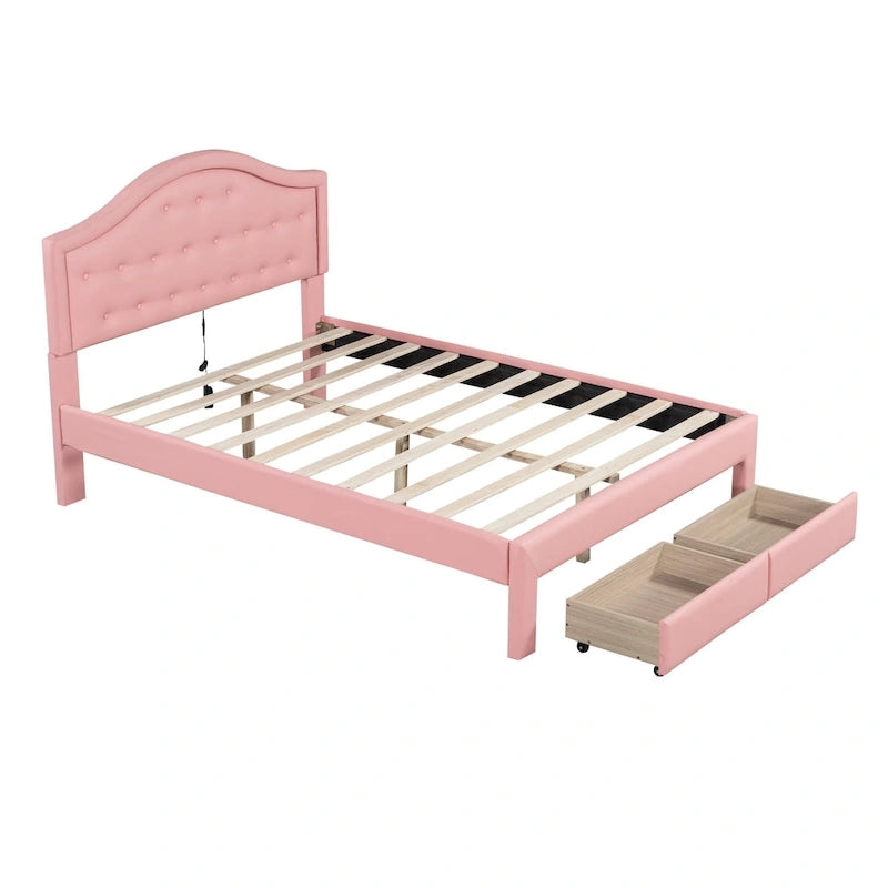 Lit plateforme en PU blanc/rose avec tête de lit coquillage, LED et tiroirs – Queen/Full