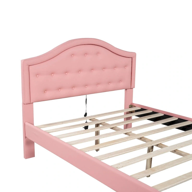 Lit plateforme en PU blanc/rose avec tête de lit coquillage, LED et tiroirs – Queen/Full
