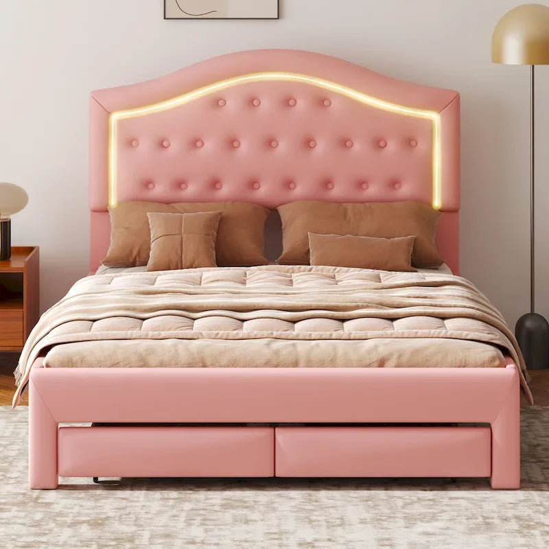 Lit plateforme en PU blanc/rose avec tête de lit coquillage, LED et tiroirs – Queen/Full