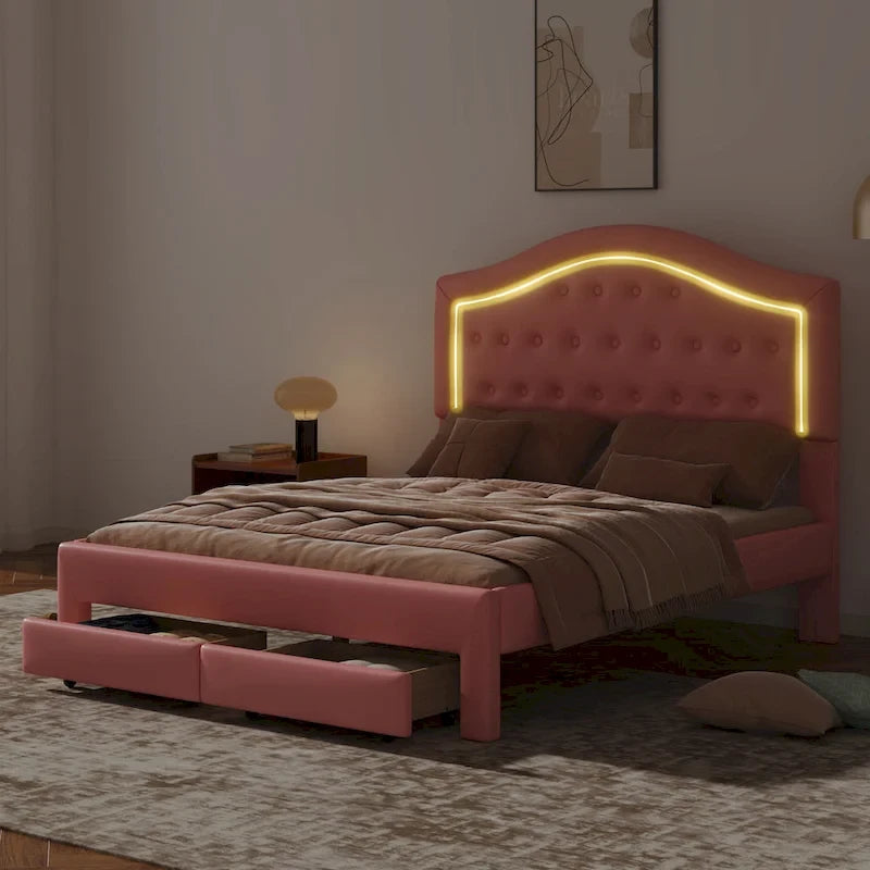 Lit plateforme en PU blanc/rose avec tête de lit coquillage, LED et tiroirs – Queen/Full