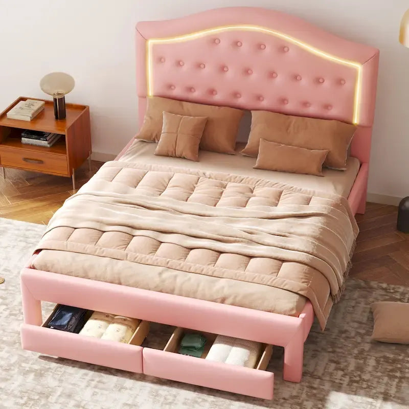Lit plateforme en PU blanc/rose avec tête de lit coquillage, LED et tiroirs – Queen/Full