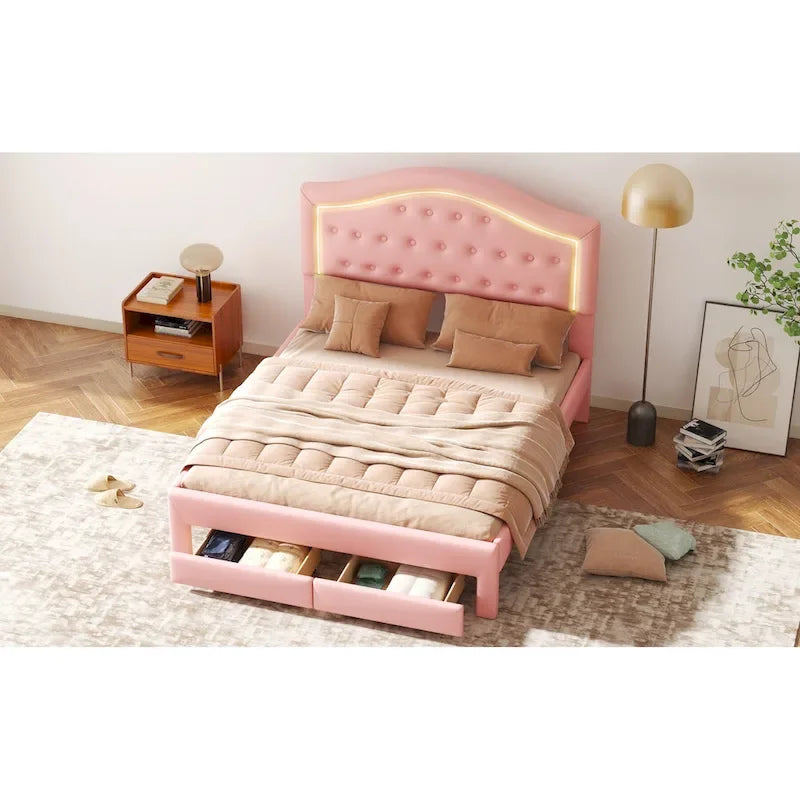 Lit plateforme en PU blanc/rose avec tête de lit coquillage, LED et tiroirs – Queen/Full