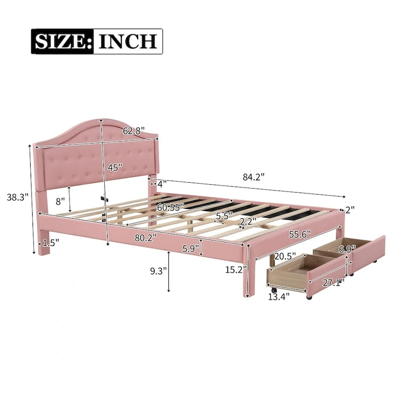 Lit plateforme en PU blanc/rose avec tête de lit coquillage, LED et tiroirs – Queen/Full