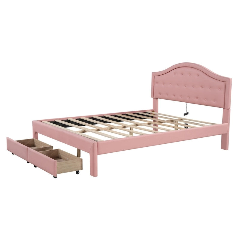 Lit plateforme en PU blanc/rose avec tête de lit coquillage, LED et tiroirs – Queen/Full
