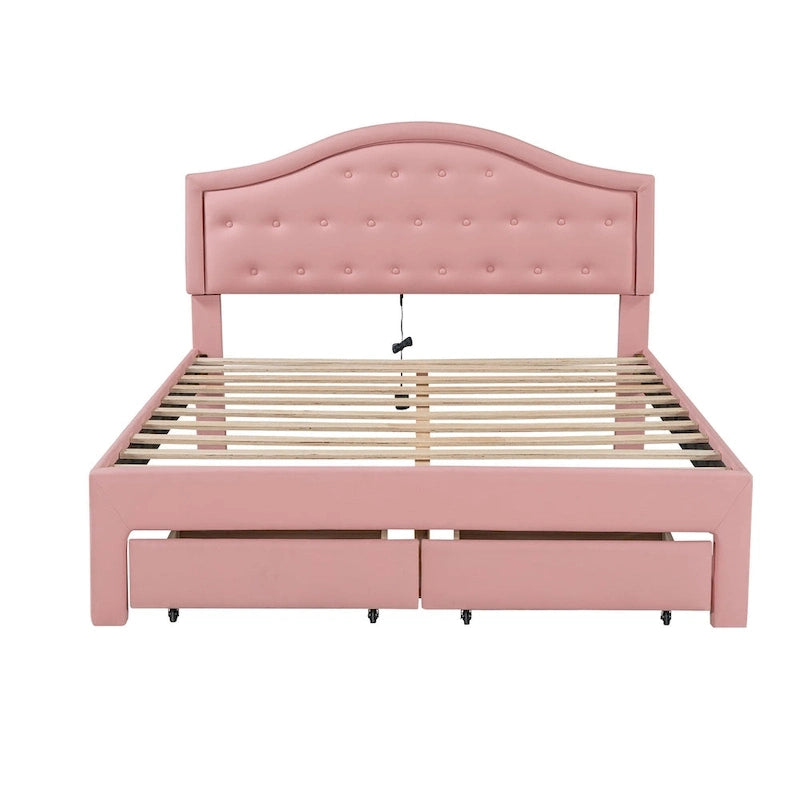 Lit plateforme en PU blanc/rose avec tête de lit coquillage, LED et tiroirs – Queen/Full
