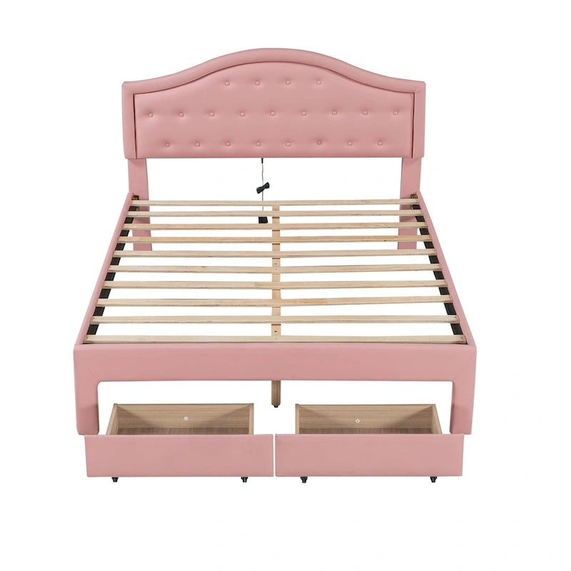 Lit plateforme en PU blanc/rose avec tête de lit coquillage, LED et tiroirs – Queen/Full