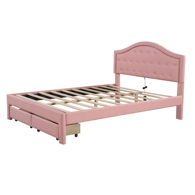 Lit plateforme en PU blanc/rose avec tête de lit coquillage, LED et tiroirs – Queen/Full