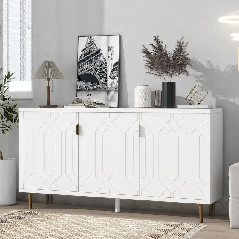Meuble TV scandinave blanc/noir avec portes et étagères, compatible avec les téléviseurs jusqu'à 70 pouces