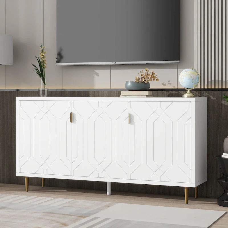 Meuble TV scandinave blanc/noir avec portes et étagères, compatible avec les téléviseurs jusqu'à 70 pouces