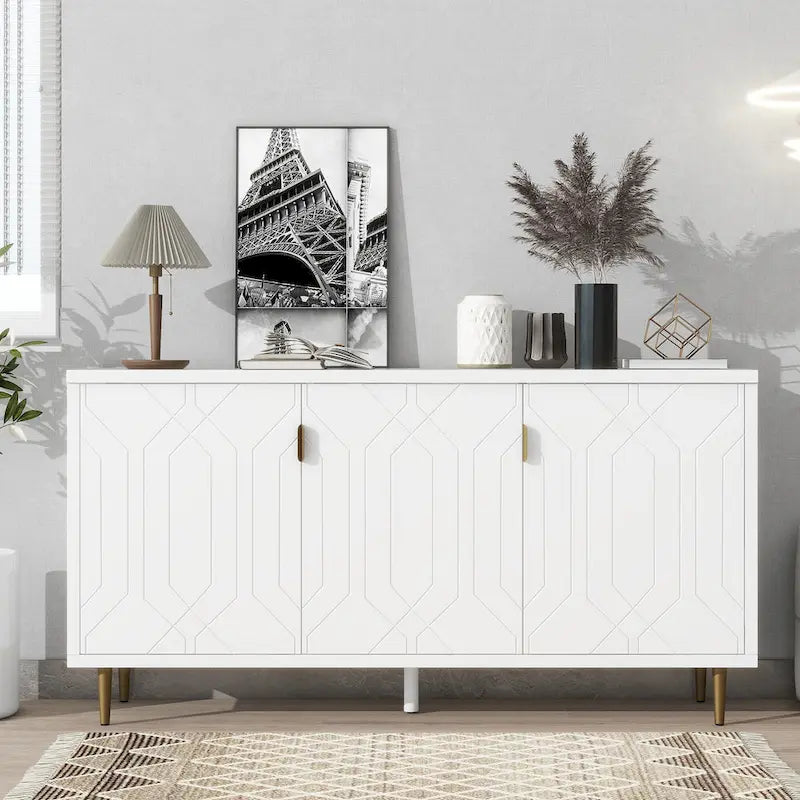 Meuble TV scandinave blanc/noir avec portes et étagères, compatible avec les téléviseurs jusqu'à 70 pouces
