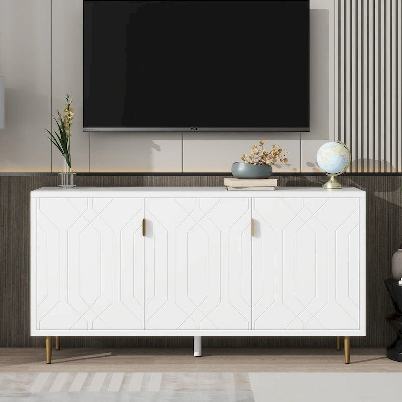 Meuble TV scandinave blanc/noir avec portes et étagères, compatible avec les téléviseurs jusqu'à 70 pouces