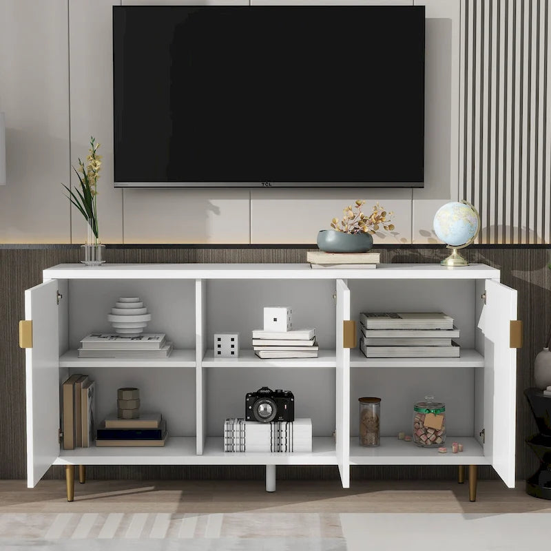 Meuble TV scandinave blanc/noir avec portes et étagères, compatible avec les téléviseurs jusqu'à 70 pouces