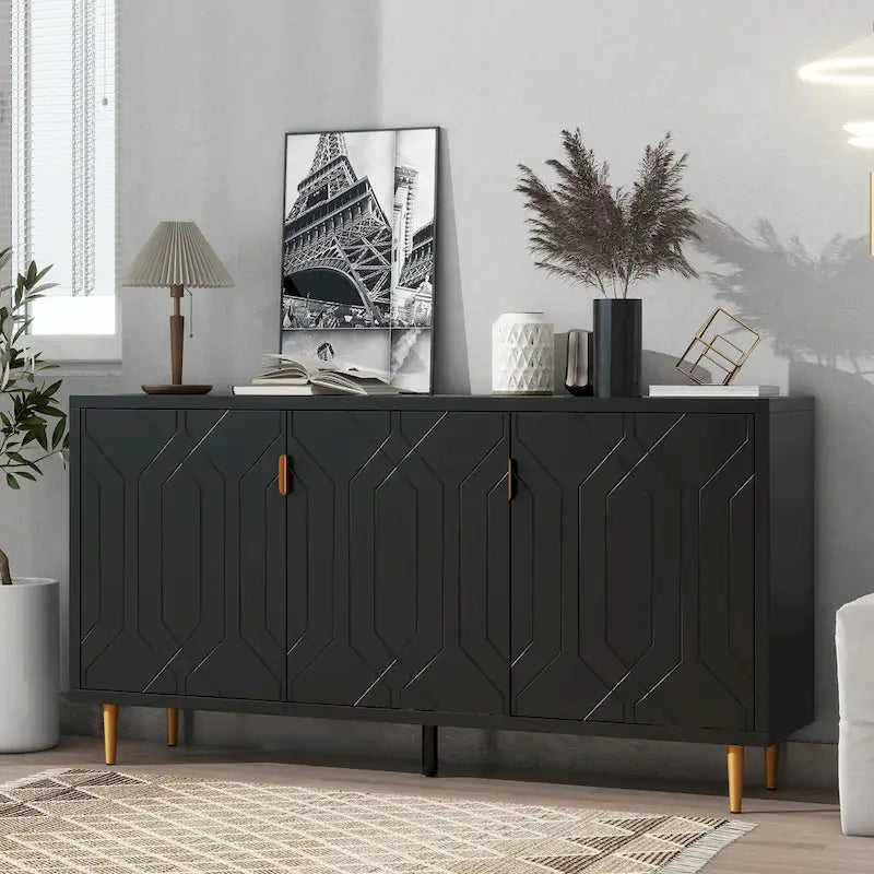 Meuble TV scandinave blanc/noir avec portes et étagères, compatible avec les téléviseurs jusqu'à 70 pouces