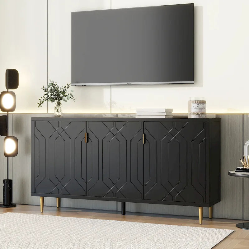 Meuble TV scandinave blanc/noir avec portes et étagères, compatible avec les téléviseurs jusqu'à 70 pouces