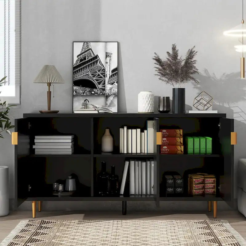 Meuble TV scandinave blanc/noir avec portes et étagères, compatible avec les téléviseurs jusqu'à 70 pouces