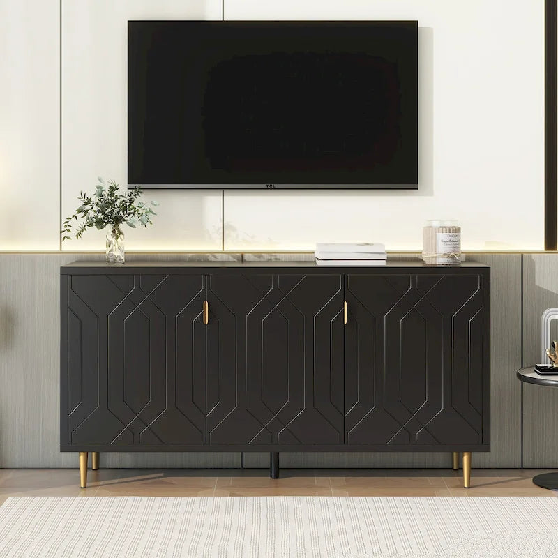 Meuble TV scandinave blanc/noir avec portes et étagères, compatible avec les téléviseurs jusqu'à 70 pouces
