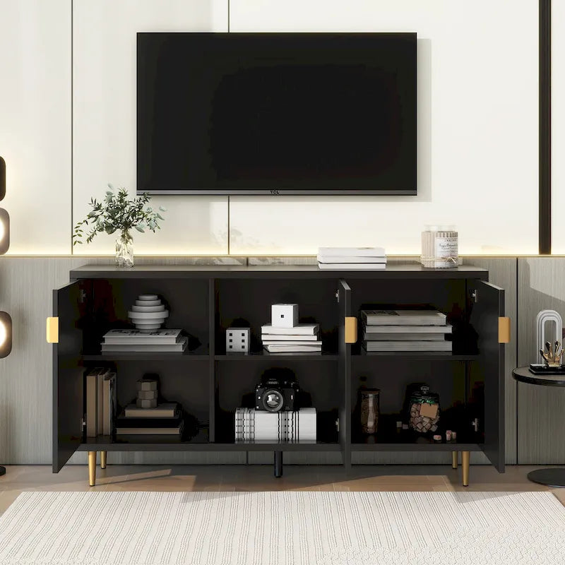 Meuble TV scandinave blanc/noir avec portes et étagères, compatible avec les téléviseurs jusqu'à 70 pouces