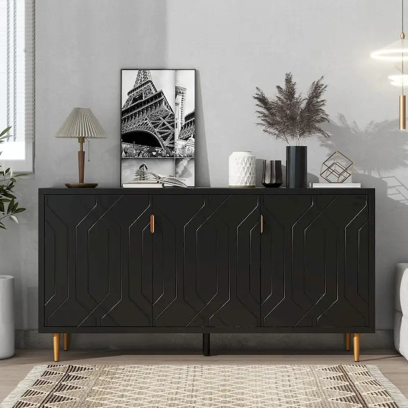Meuble TV scandinave blanc/noir avec portes et étagères, compatible avec les téléviseurs jusqu'à 70 pouces