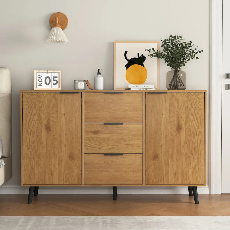 Bahut / Buffet Moderne Naturel et Gris — 2 Portes et 3 Tiroirs, 1 Place Assise