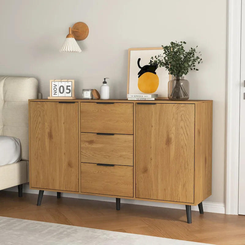 Bahut / Buffet Moderne Naturel et Gris — 2 Portes et 3 Tiroirs, 1 Place Assise