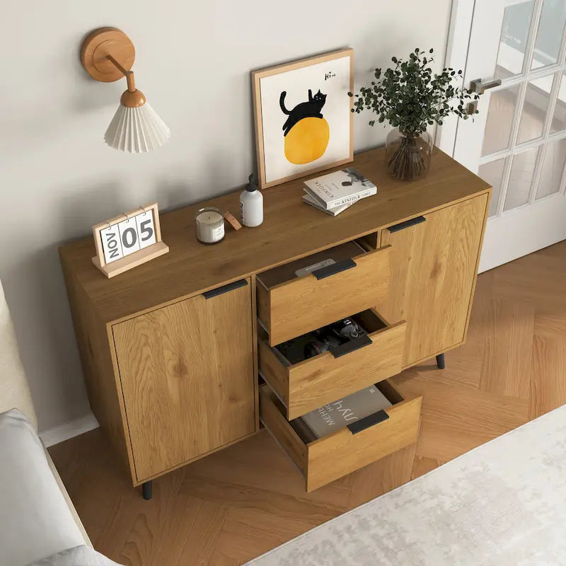 Bahut / Buffet Moderne Naturel et Gris — 2 Portes et 3 Tiroirs, 1 Place Assise