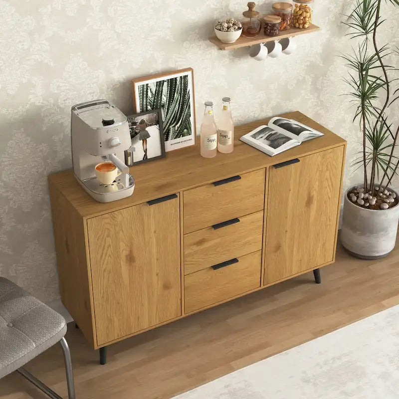 Bahut / Buffet Moderne Naturel et Gris — 2 Portes et 3 Tiroirs, 1 Place Assise