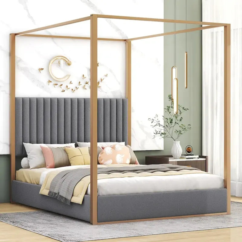 Lit à baldaquin Queen capitonné beige/gris pour 2 personnes