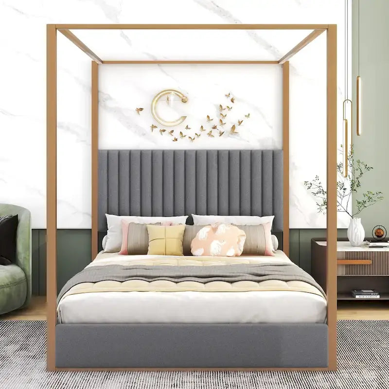 Lit à baldaquin Queen capitonné beige/gris pour 2 personnes