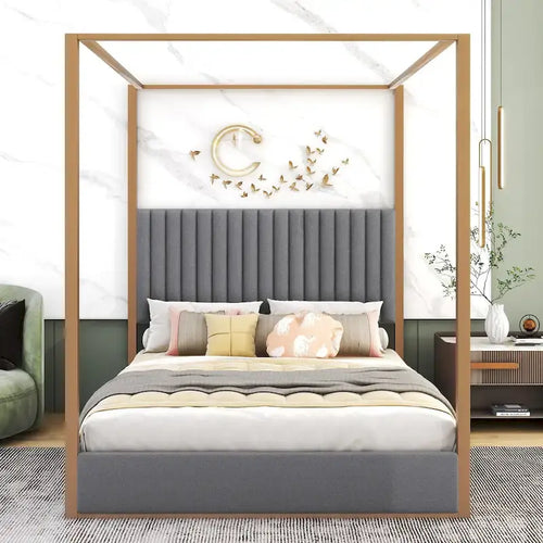 Lit à baldaquin Queen capitonné beige/gris pour 2 personnes