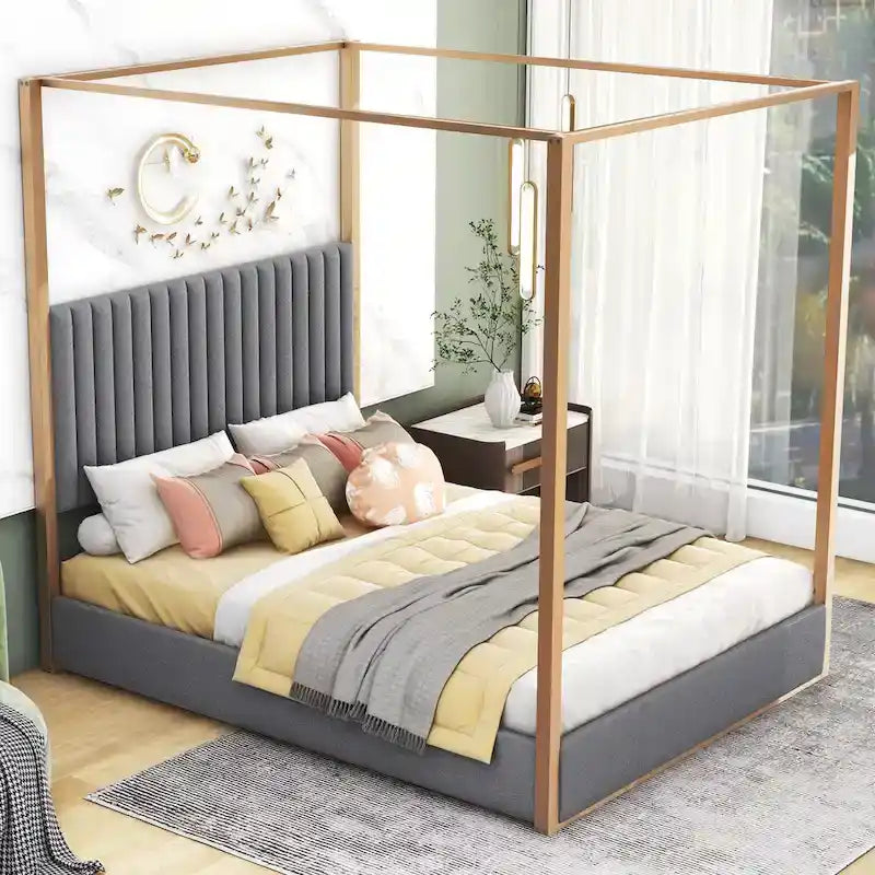 Lit à baldaquin Queen capitonné beige/gris pour 2 personnes