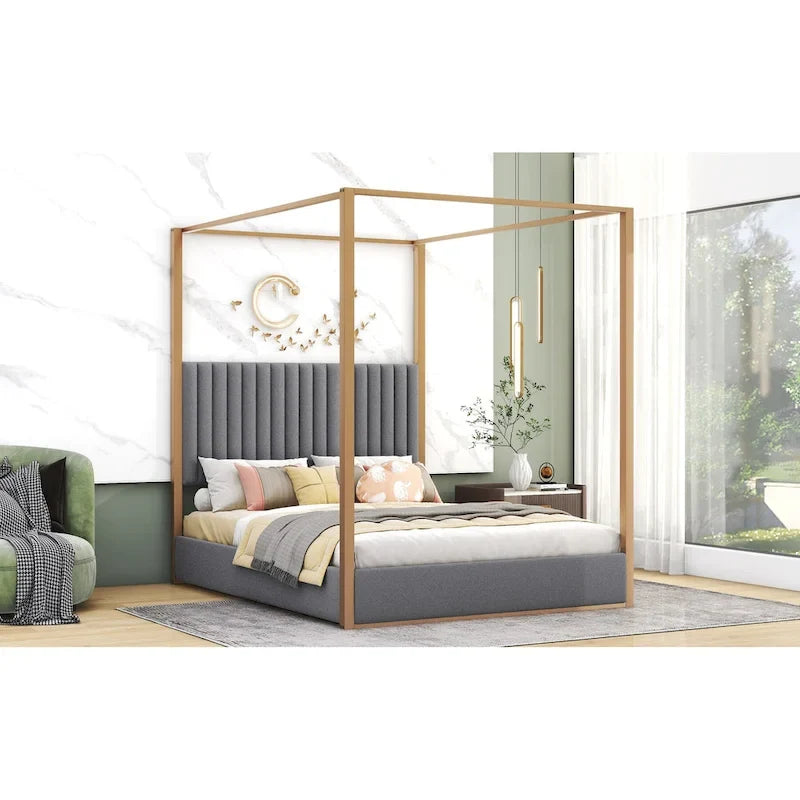 Lit à baldaquin Queen capitonné beige/gris pour 2 personnes