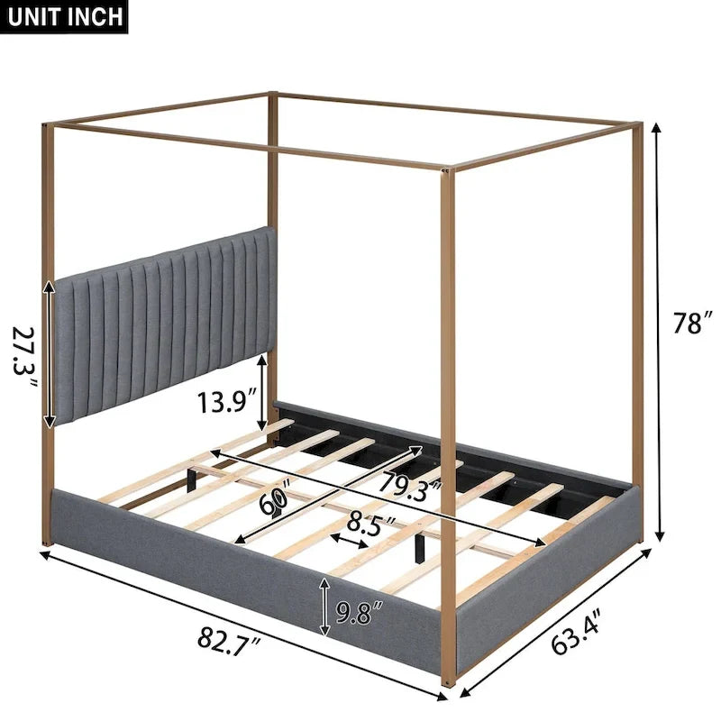 Lit à baldaquin Queen capitonné beige/gris pour 2 personnes