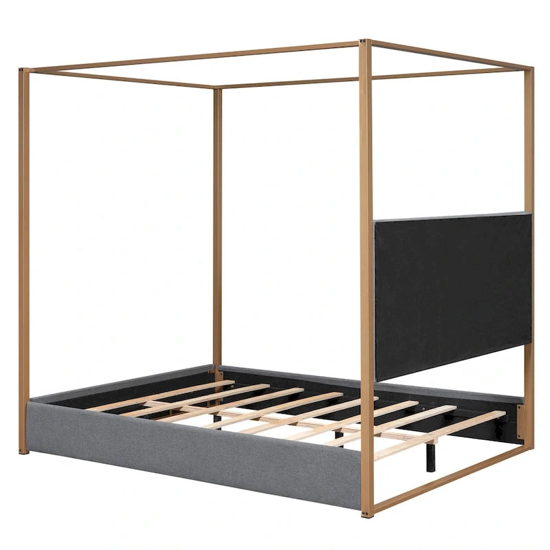 Lit à baldaquin Queen capitonné beige/gris pour 2 personnes