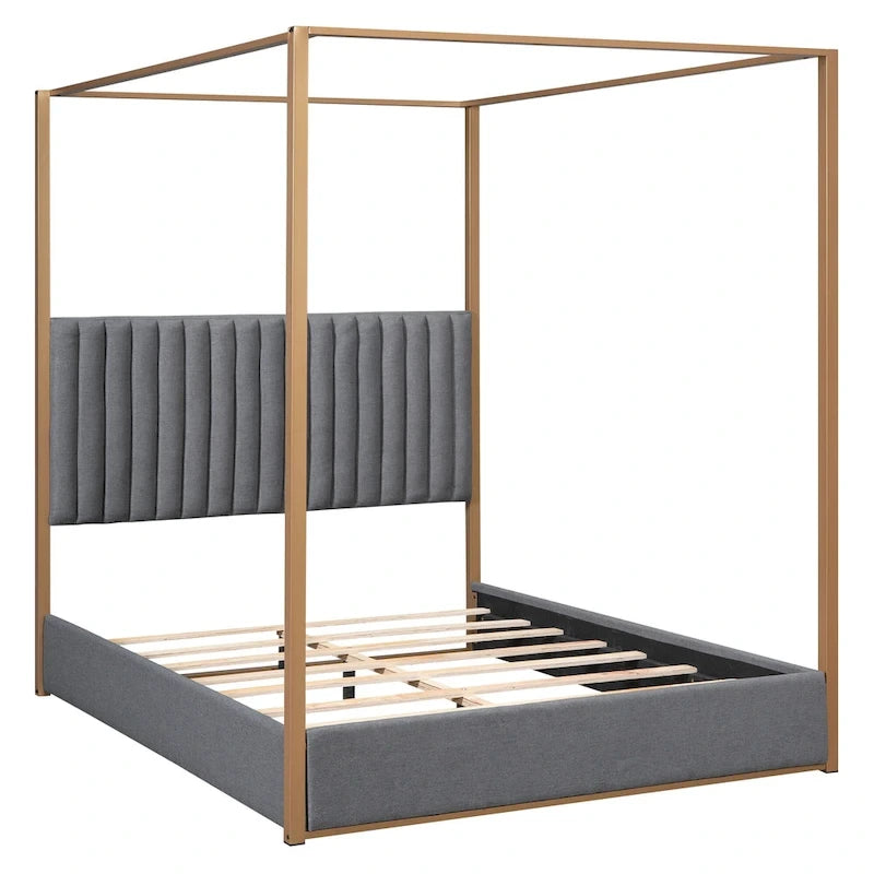 Lit à baldaquin Queen capitonné beige/gris pour 2 personnes