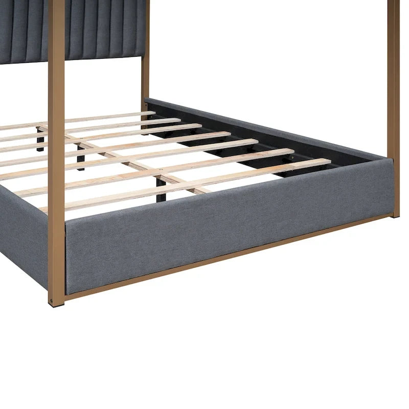 Lit à baldaquin Queen capitonné beige/gris pour 2 personnes