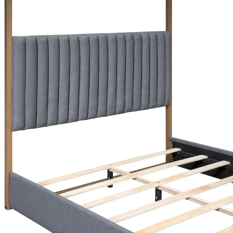 Lit à baldaquin Queen capitonné beige/gris pour 2 personnes