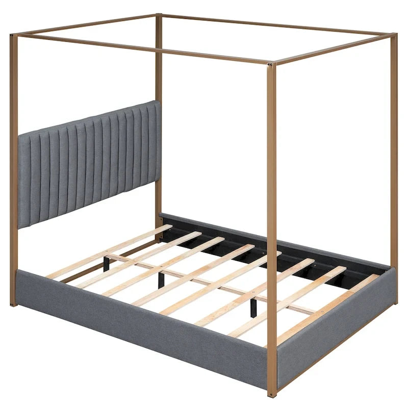 Lit à baldaquin Queen capitonné beige/gris pour 2 personnes