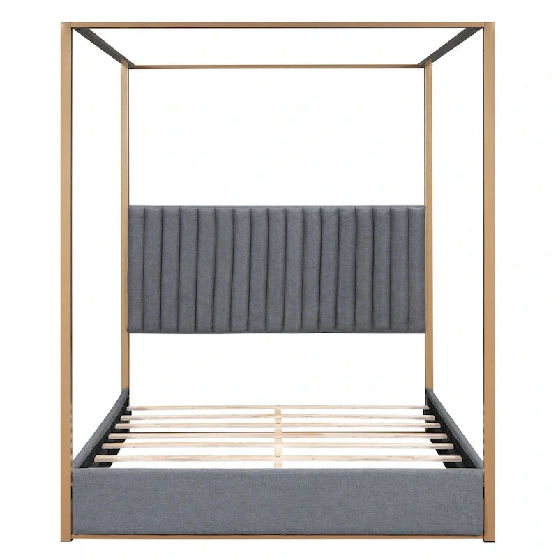 Lit à baldaquin Queen capitonné beige/gris pour 2 personnes