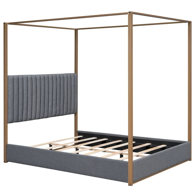 Lit à baldaquin Queen capitonné beige/gris pour 2 personnes
