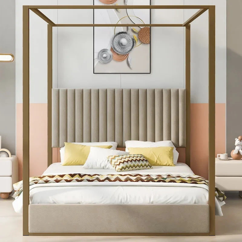 Lit à baldaquin Queen capitonné beige/gris pour 2 personnes