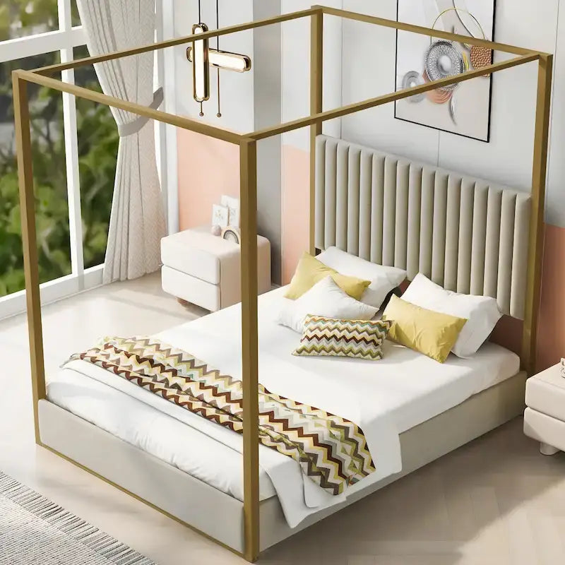 Lit à baldaquin Queen capitonné beige/gris pour 2 personnes