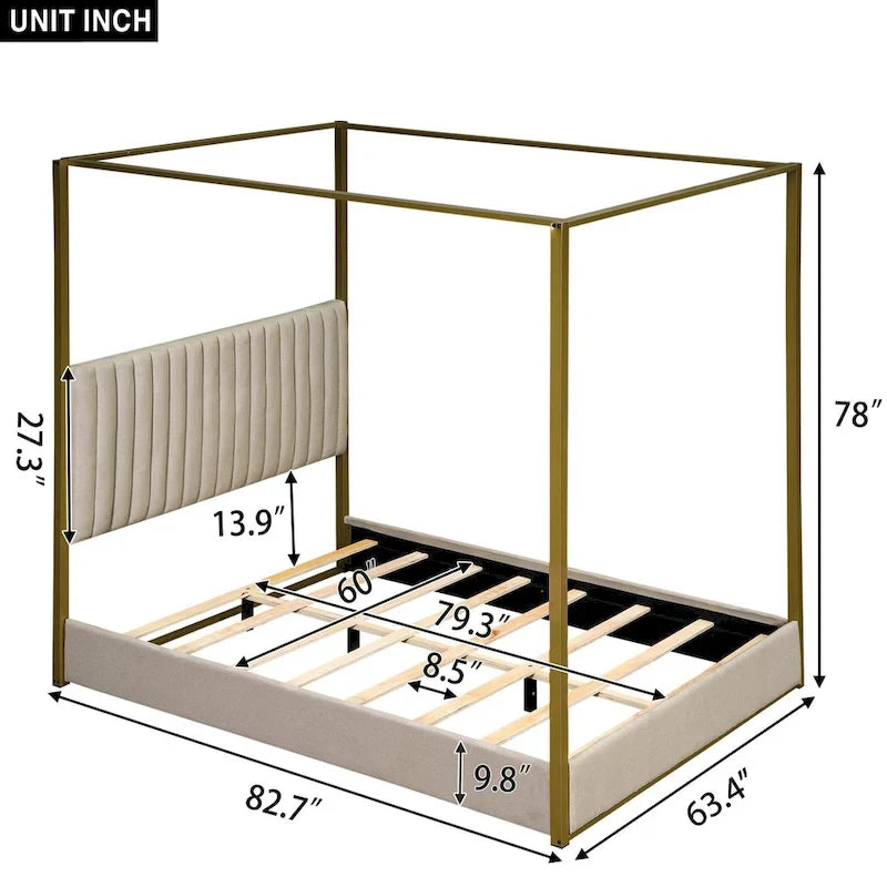 Lit à baldaquin Queen capitonné beige/gris pour 2 personnes