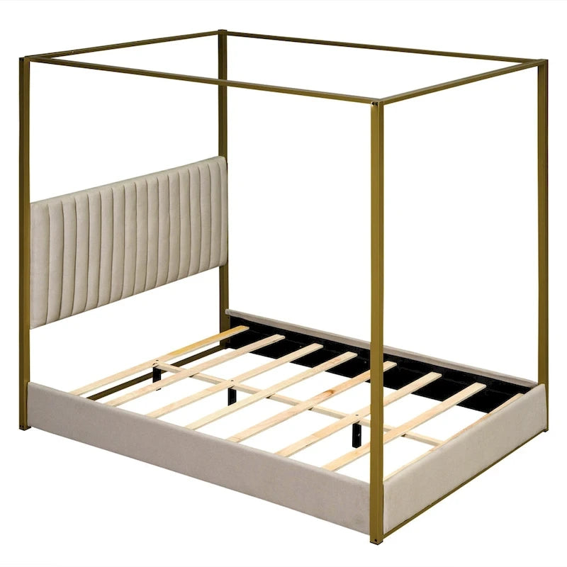 Lit à baldaquin Queen capitonné beige/gris pour 2 personnes