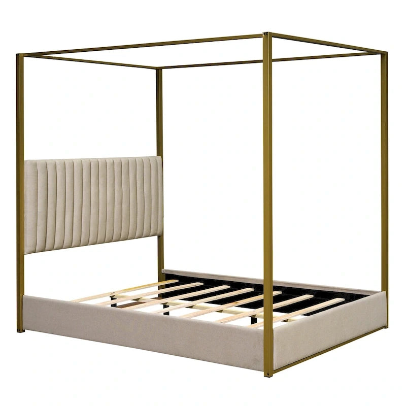 Lit à baldaquin Queen capitonné beige/gris pour 2 personnes